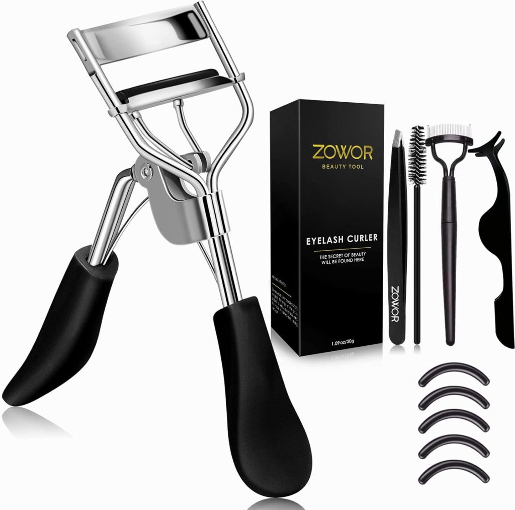 Eyelash Curler with comb and brush Fit All Eye Shape Curved Eyelash Curlers with 5PCS Silicone Refill Pad,Natural and Long Lasting Lash Curler for Women Make Up Gift(Black)