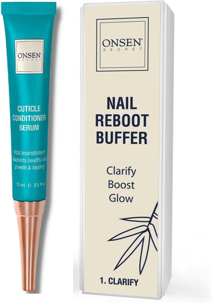 Onsen Secret Cuticle Conditioner Cream 15ml + Professional Nail Buffer Block. Cuticle Oil That Sooth, Repair & Strengthen Cuticles & Nails, 3 Way Nail Buffing Block